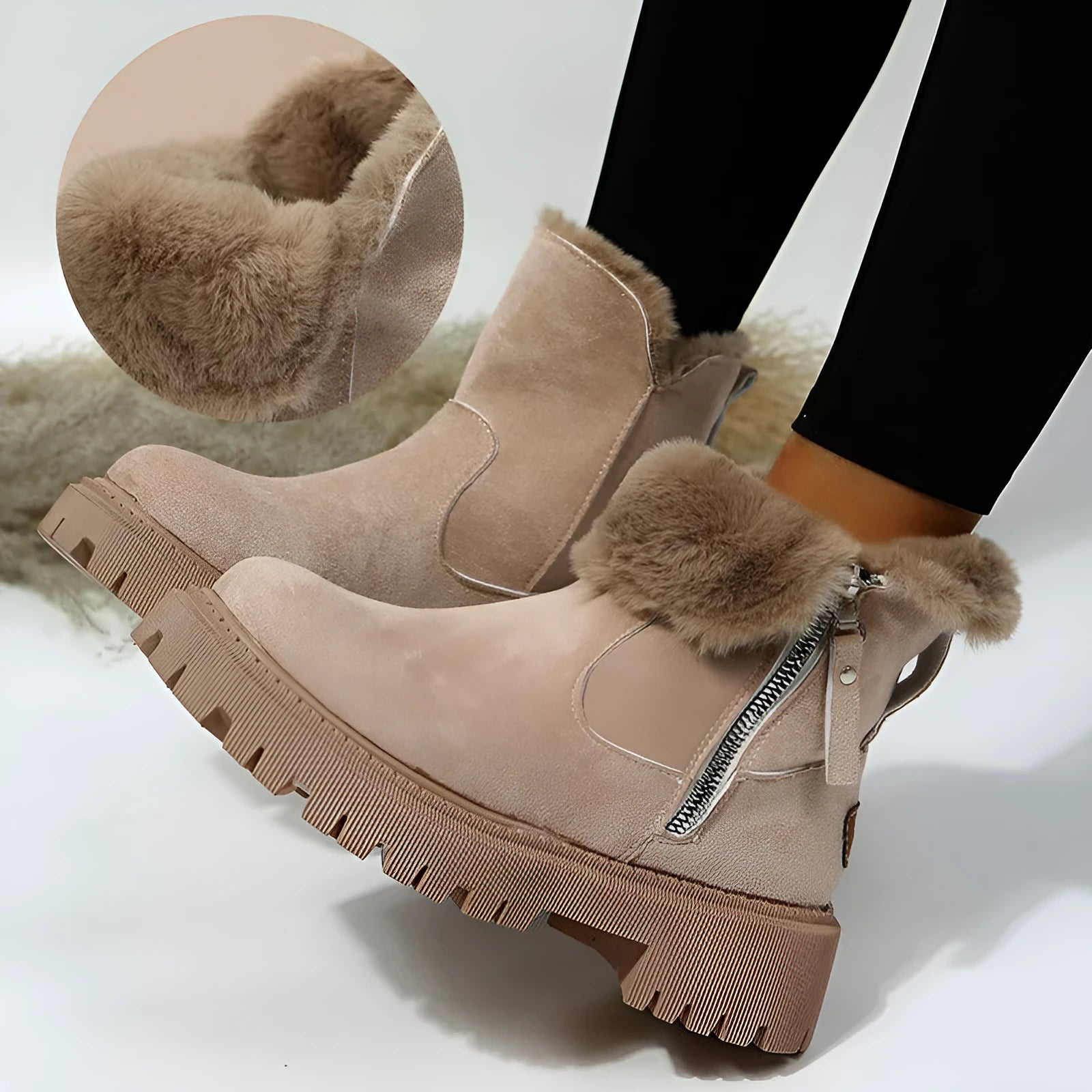 Women's black faux suede high-top snow boots with thick plush lining and a side zipper