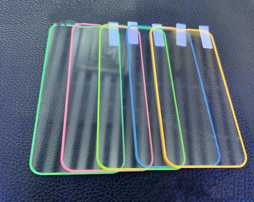 Fluorescent tempered glass screen protector for iPhone in luminous pink, yellow, green, blue and grass green colours