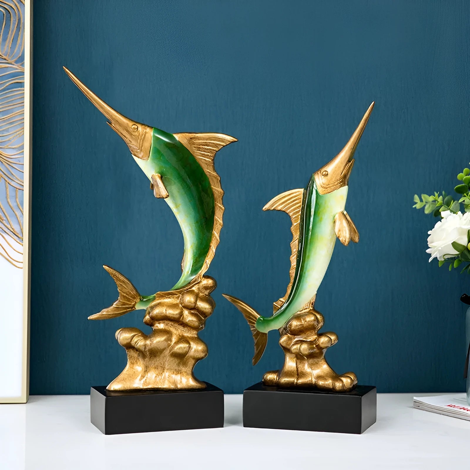 A European-style swordfish sculpture decoration in resin, shown in one of four colour options.
