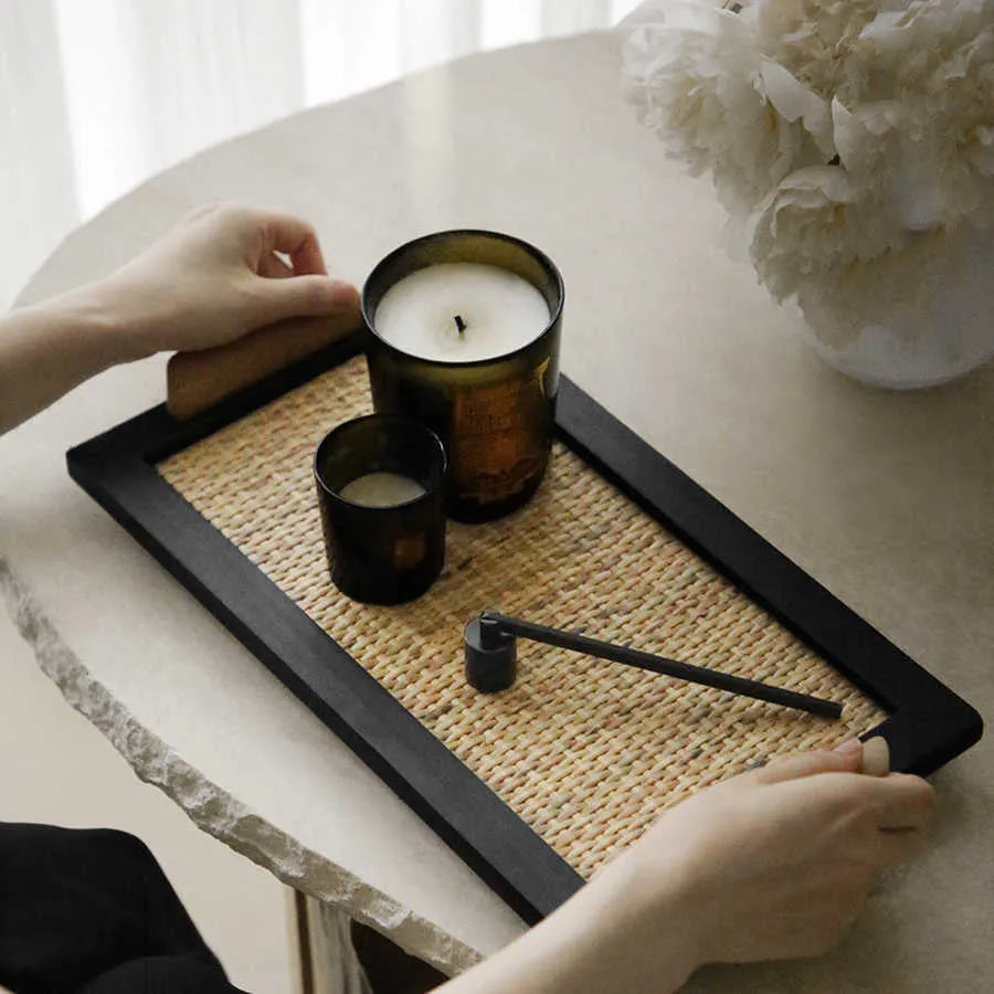 Pine wood dining tray with multiple compartments shown in large and small size options.