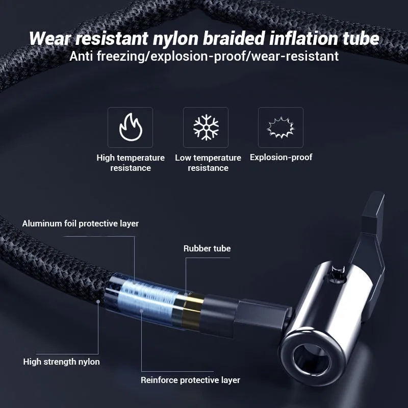 Compact wireless digital tyre inflator with LCD display and multiple air nozzles