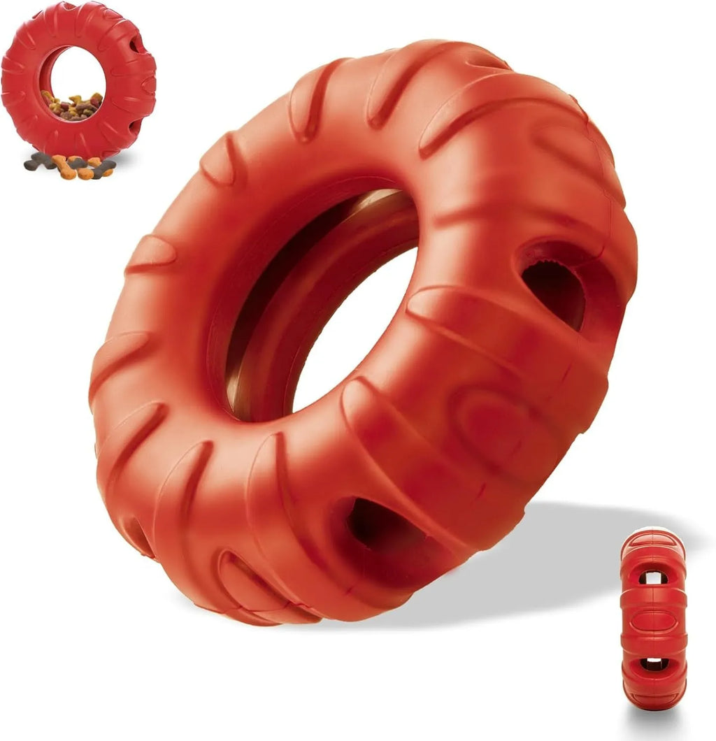 Blue beef-flavoured rubber tyre dog toy with oval holes for treat dispensing