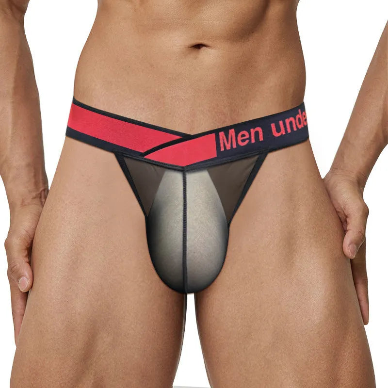 Men's red nylon briefs with large V gradient high fork and low waist design