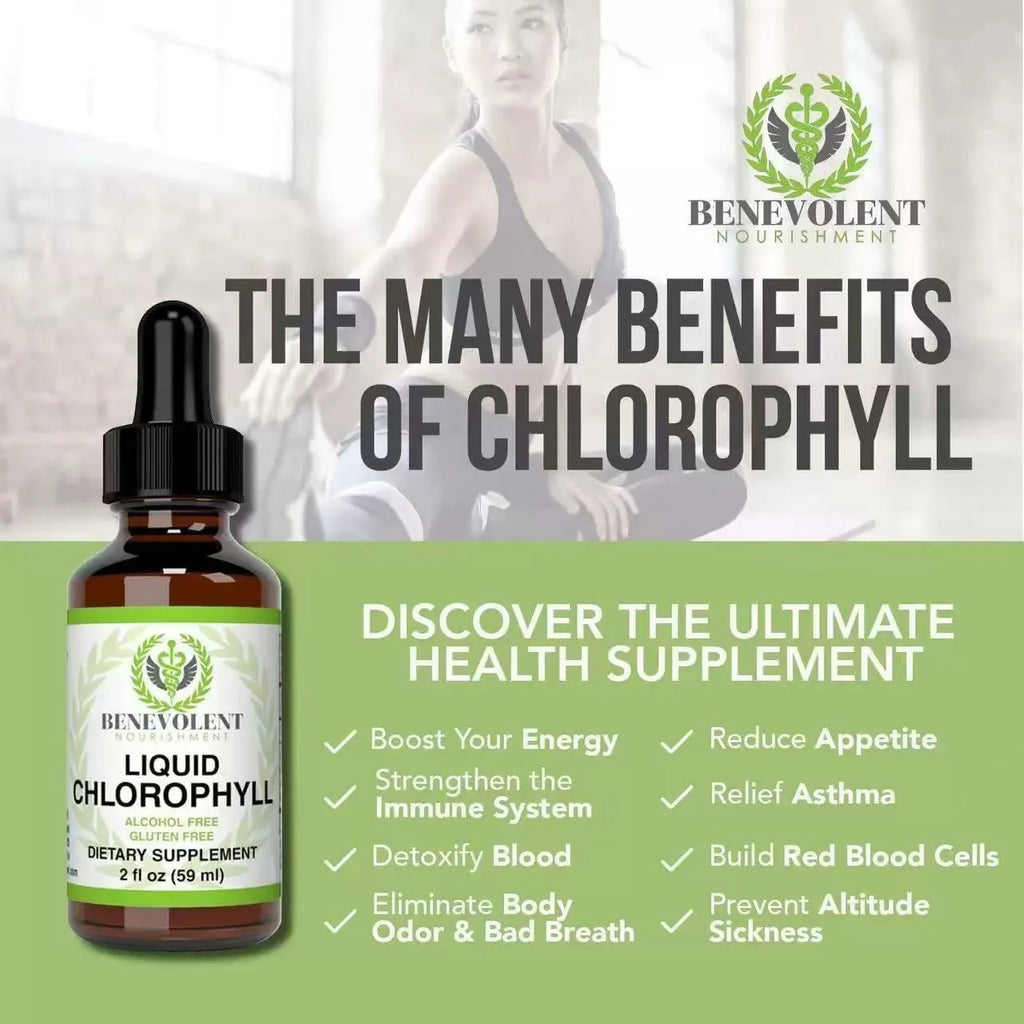 60ml bottle of natural liquid chlorophyll drops for adult dietary supplement use.