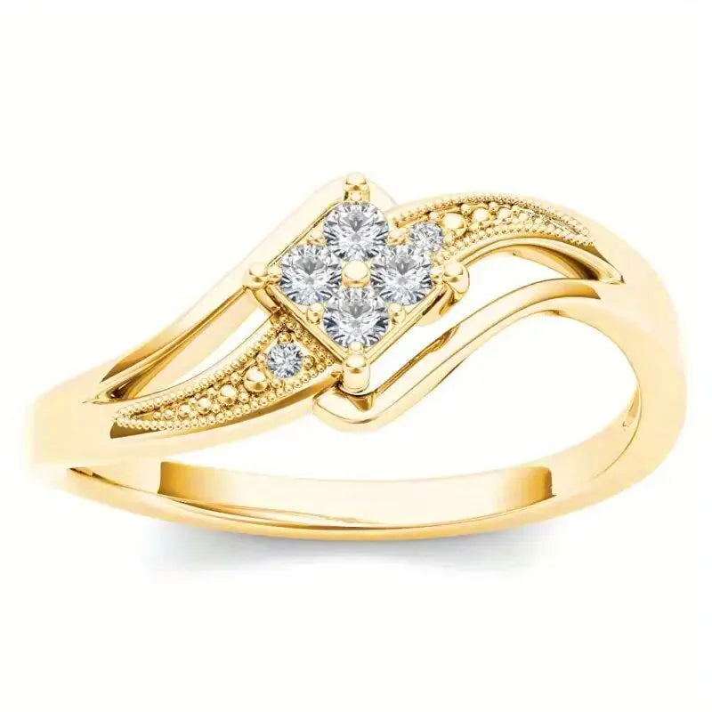 Copper diamond ring with geometric design and micro inlaid zircon in yellow gold colour