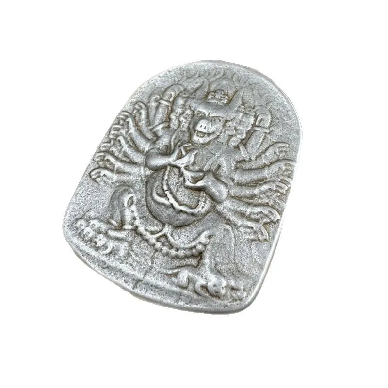 Iron metal hanging pendant with Chinese geometric design featuring Buddhist deity motif