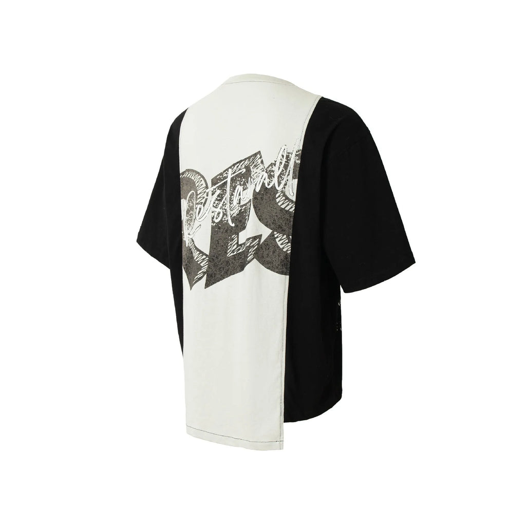 Black and white broken collage print cotton blend T-shirt with loose fit and short sleeves