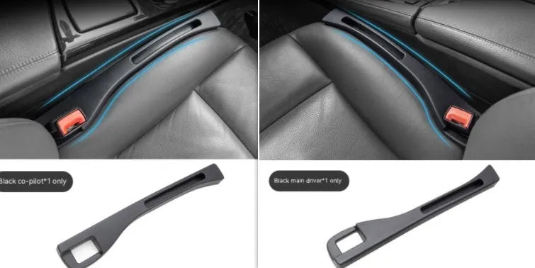 Black plastic car seat gap storage box with removal handle inserted between vehicle seats
