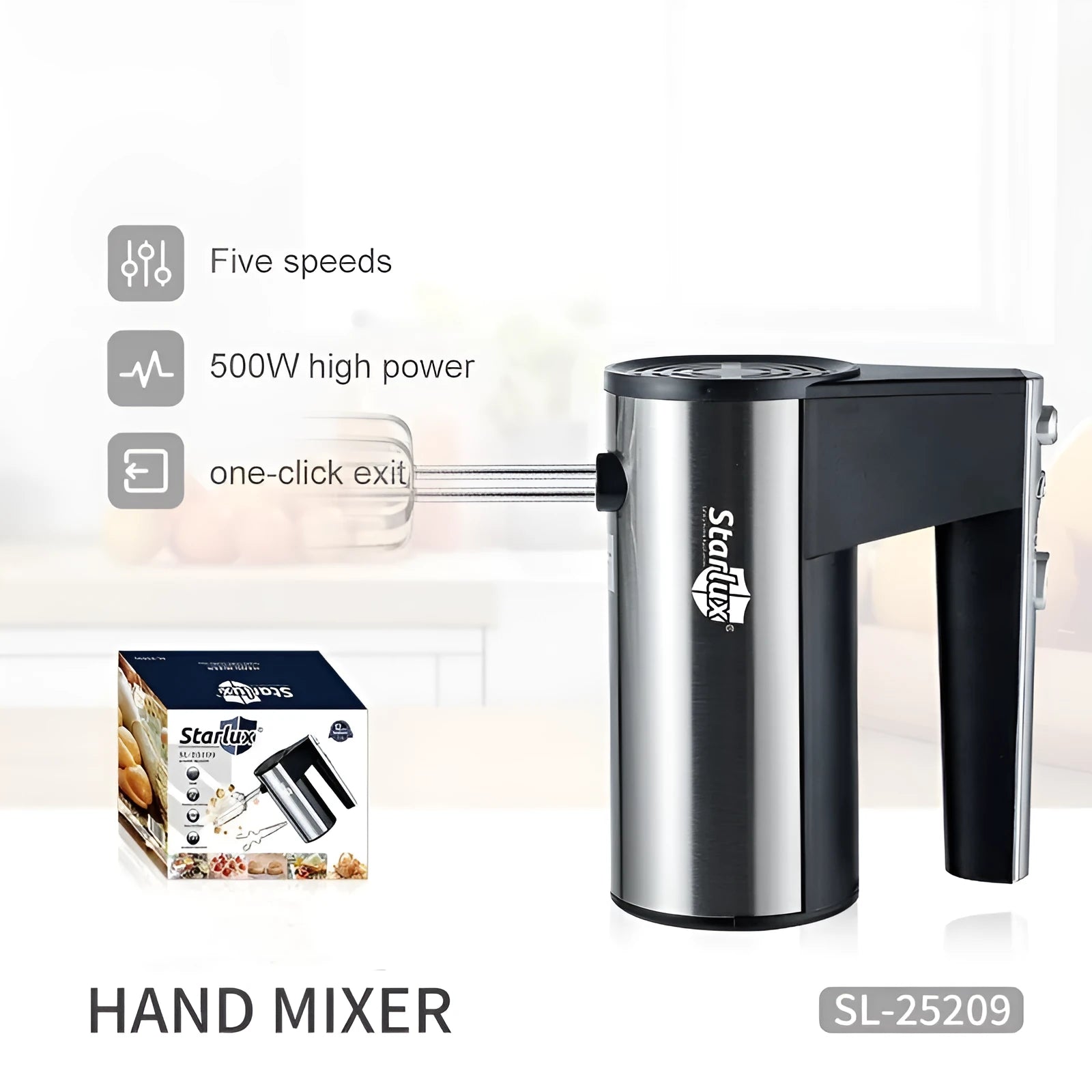 SL-25209 colour handheld electric mixer with five speed settings and dual voltage compatibility