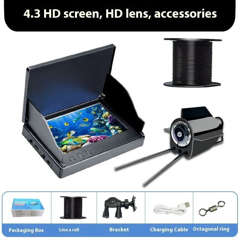 Fish finder unit with 4.3-inch IPS screen showing underwater HD camera feed with night vision lights.