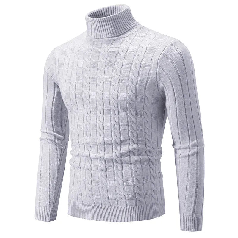 Men's slim fit chenille turtleneck pullover in dark gray on a hanger