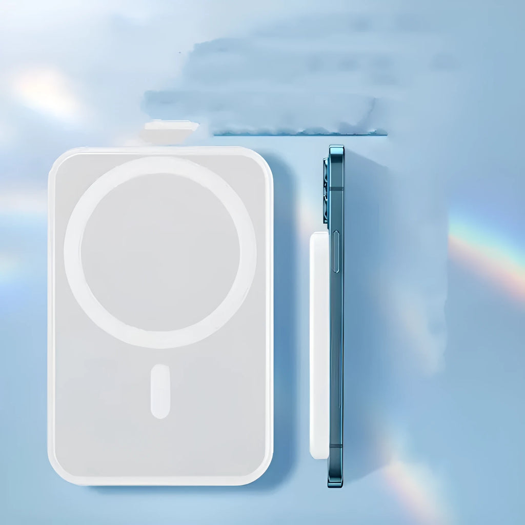 White magnetic wireless charger power bank with 5000mAh capacity measuring 100x65x16mm