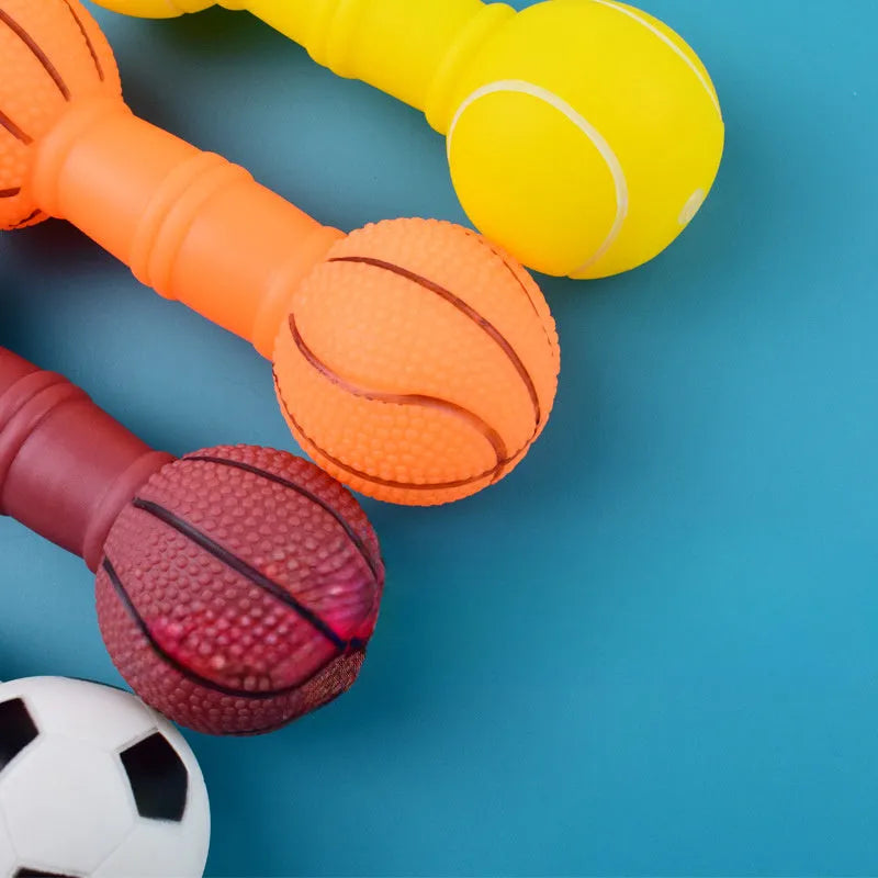 Non-toxic PVC squeaky dog toy shaped like a colourful football dumbbell.