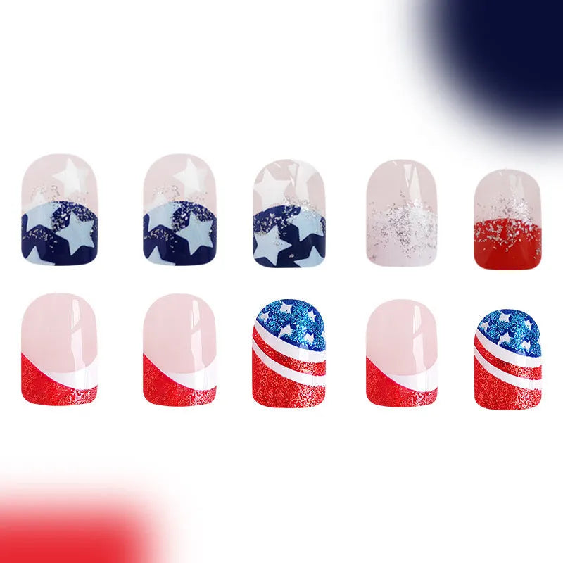 Finished American five-pointed star Independence Day combination false nails with European Square short shapes