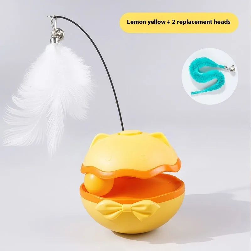 Electric self-tumbling cat teaser wand toy in lemon yellow, sky blue, or soft fog grey.