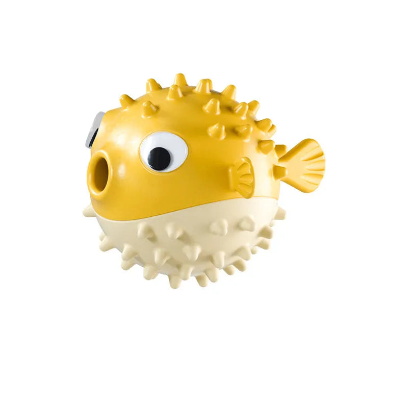 Fish-shaped interactive dog chew toy with treat dispenser in green, red or yellow colours