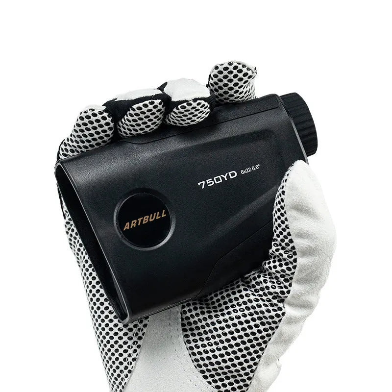 Rechargeable golf laser rangefinder distance meter showing LCD display with yard measurement