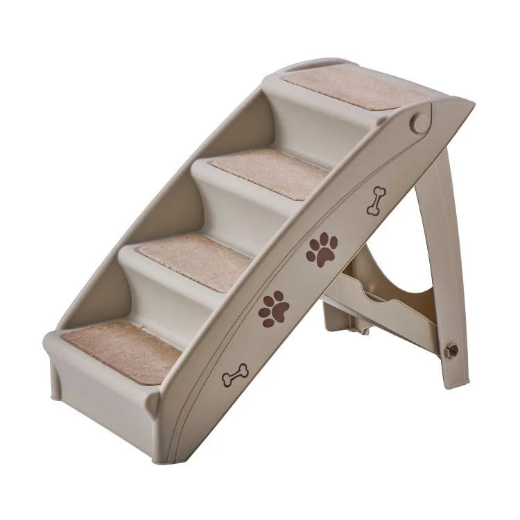 Foldable plastic pet stairs in beige colour with non-slip mats on each step