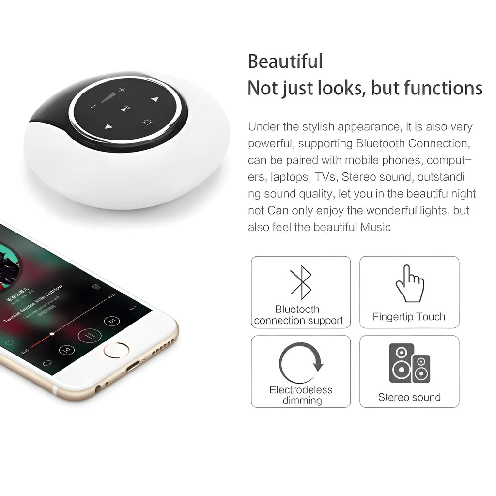 Blue foldable Bluetooth desk lamp speaker with touch controls for dimmable LED lighting.