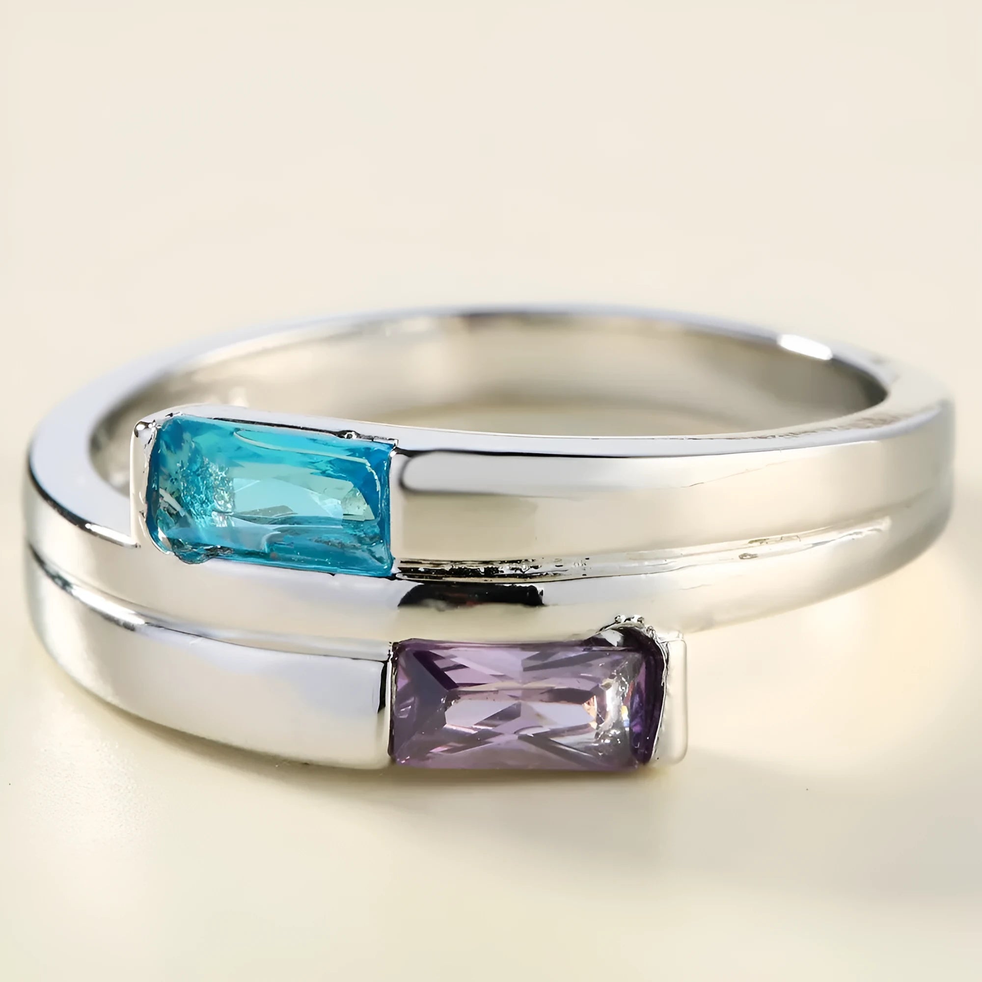 Copper electroplated zircon ring in silver colour showing European and American ins style design