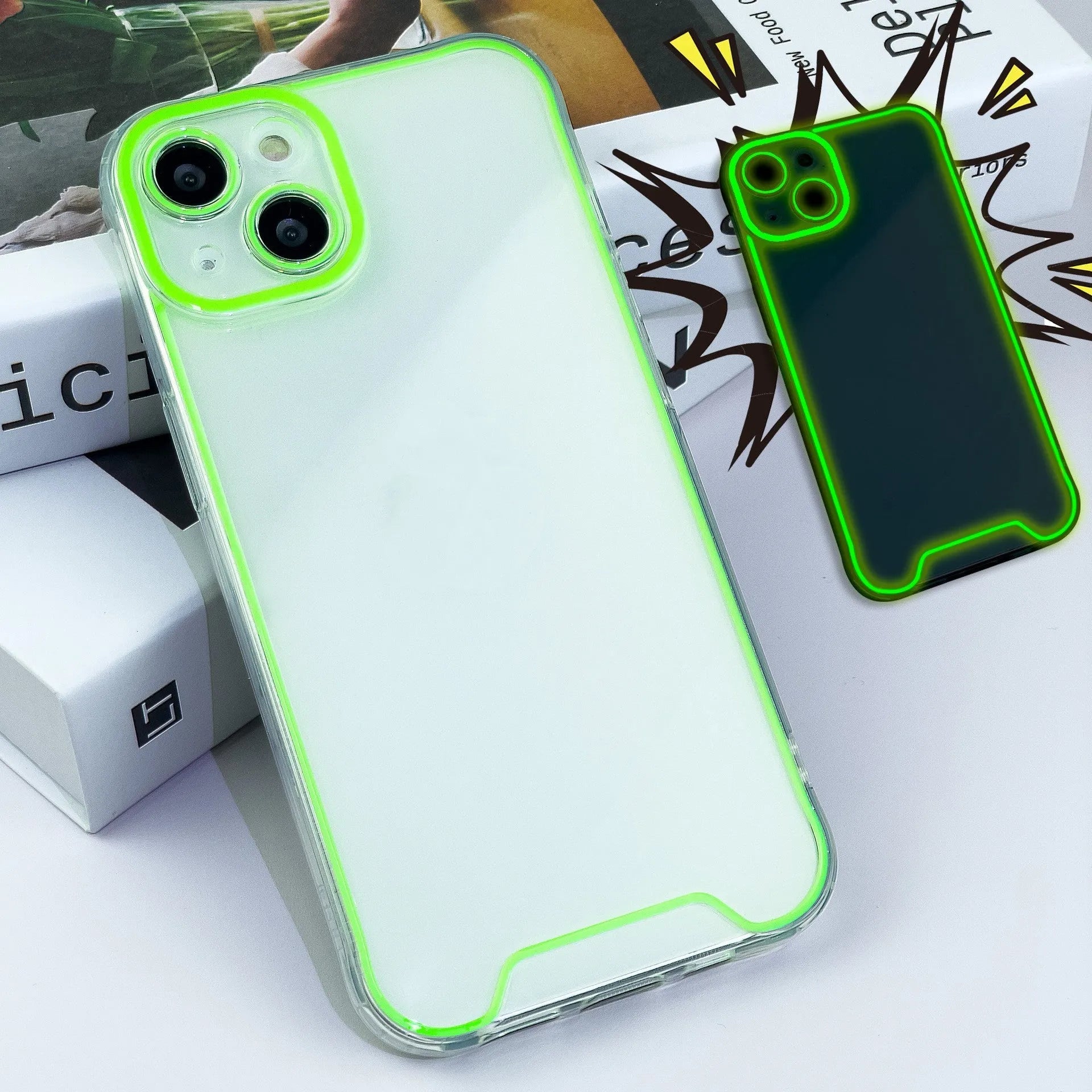 Glow in the dark Christmas phone case for iPhone in green, orange, blue, yellow, and pink colours.