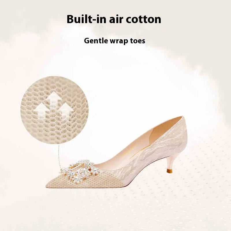 Champagne gold pointed toe high heels with stiletto heel and rhinestone decoration