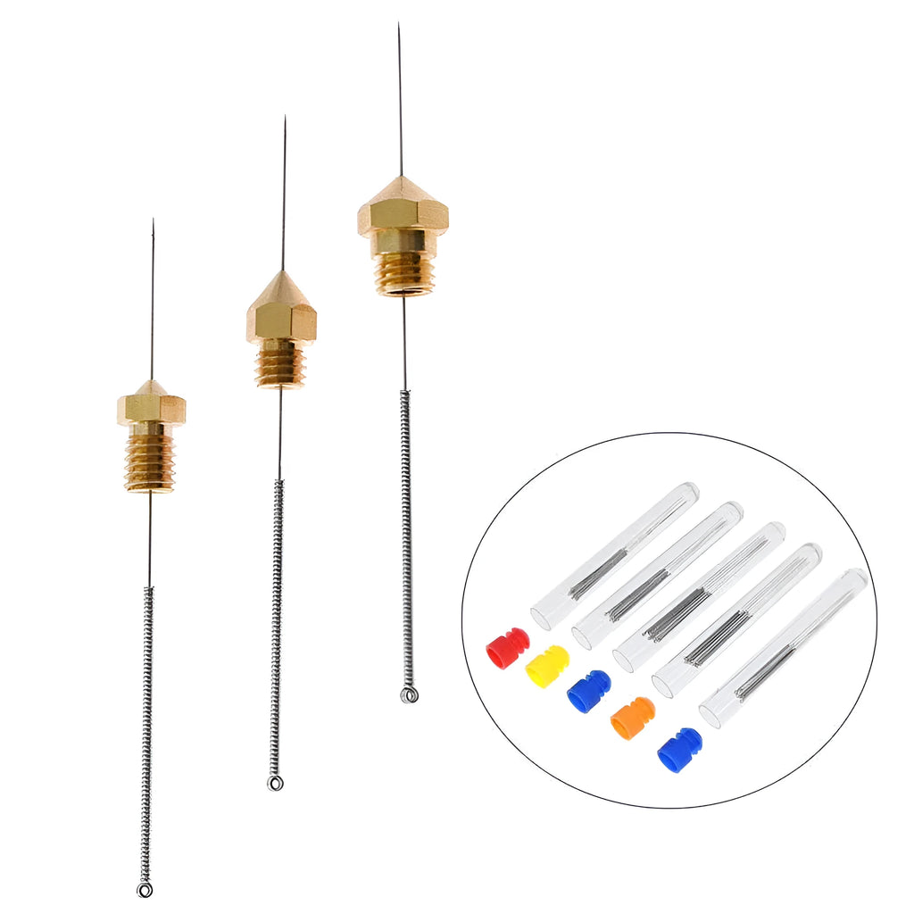 Ten E3D Mk8 compatible nozzle cleaning needles for 3D printers, shown with diameter size options.