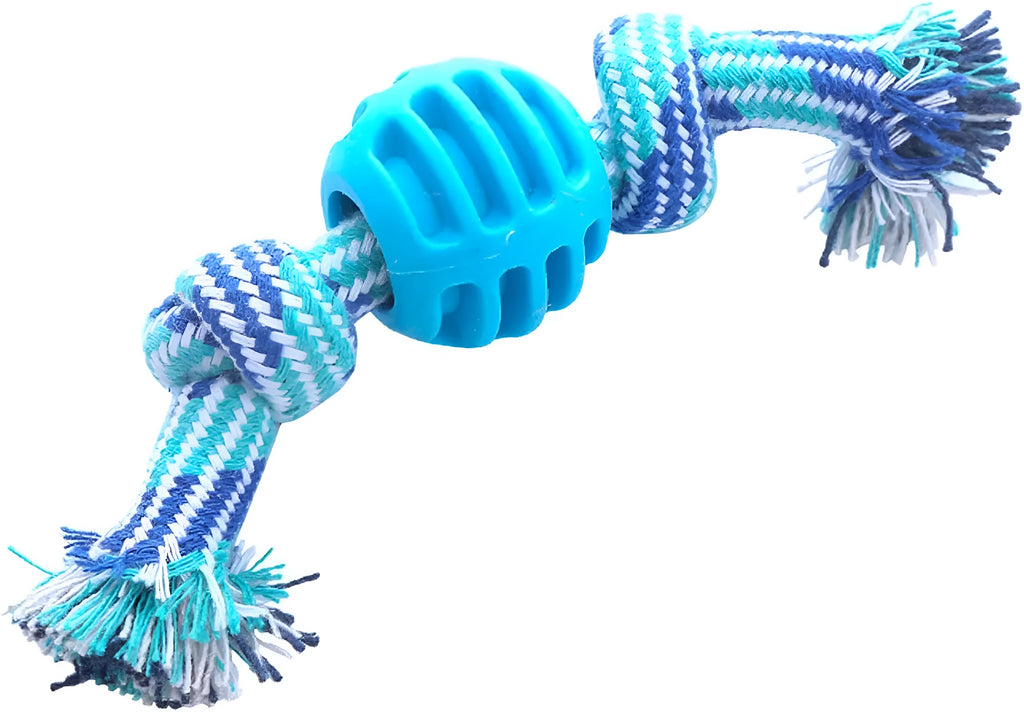 Blue dog dental chew toy with integrated rope elements for teeth cleaning