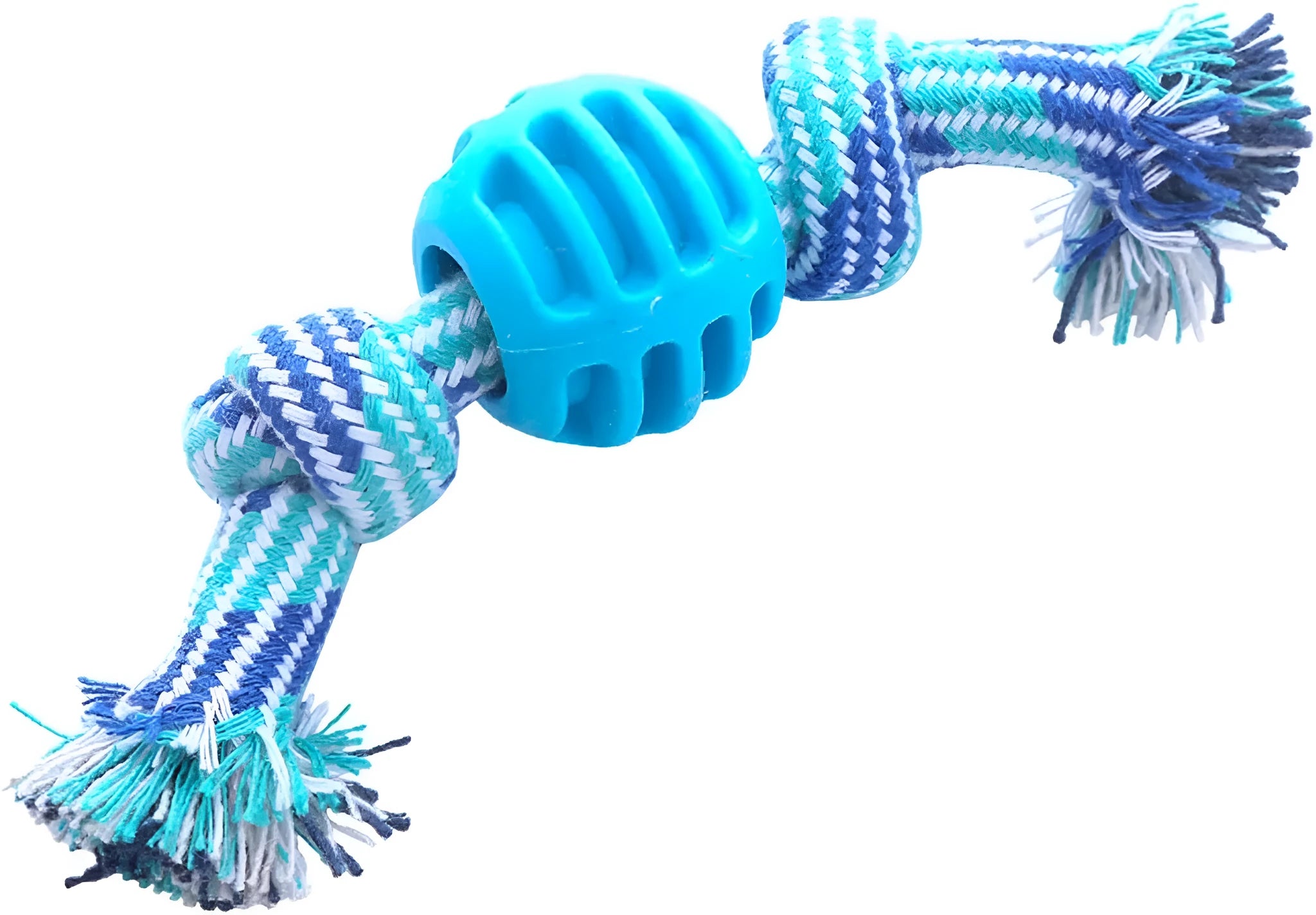 Blue dog dental chew toy with integrated rope elements for teeth cleaning