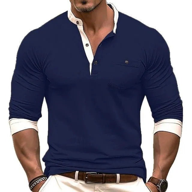 Personality men's solid colour long sleeve cotton t-shirt on a hanger.