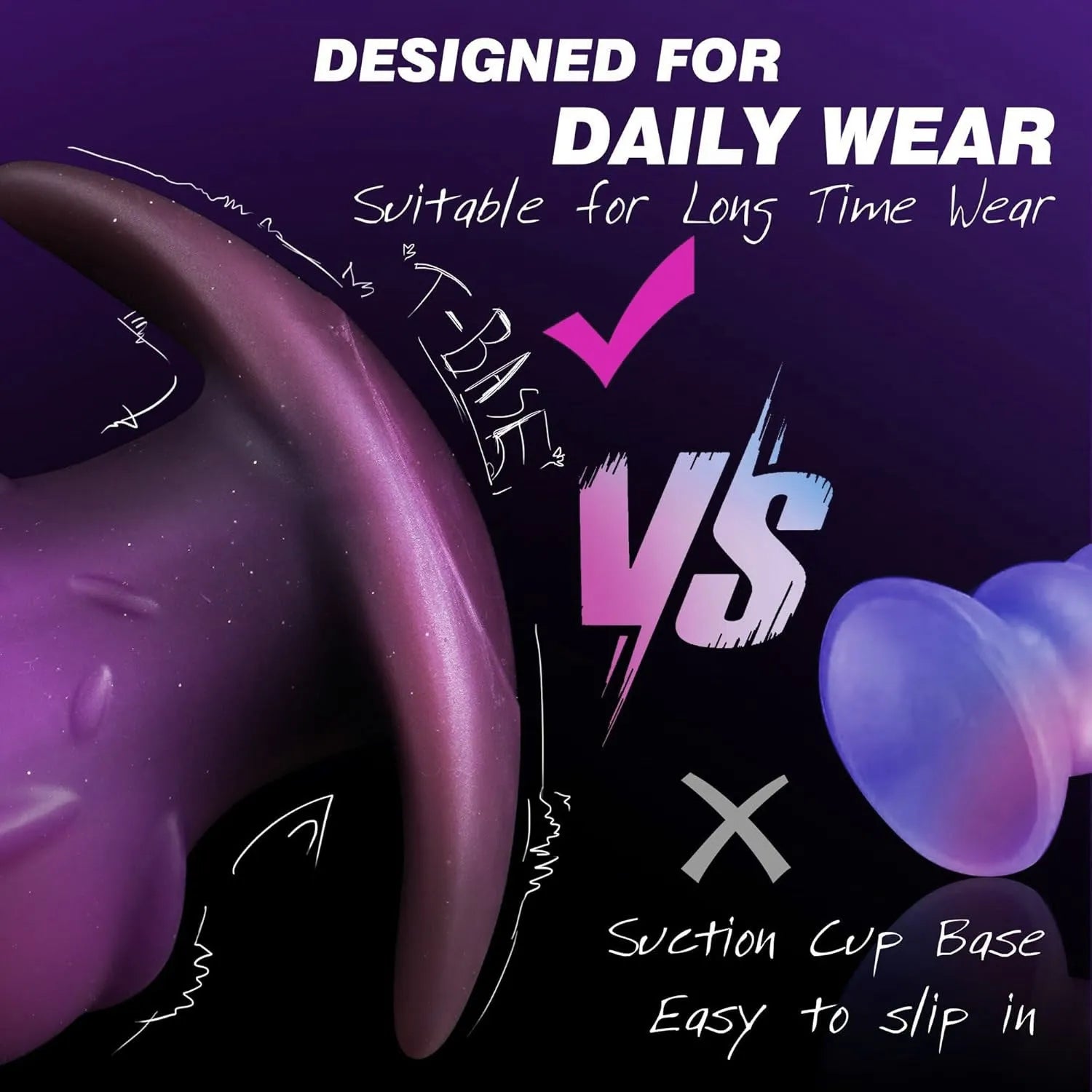 Purple, gold, and black liquid silicone adult masturbator toys shown in different sizes.