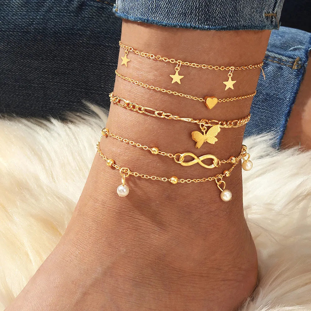 Butterfly pearl heart anklet 4-piece set in alloy with women's simple design