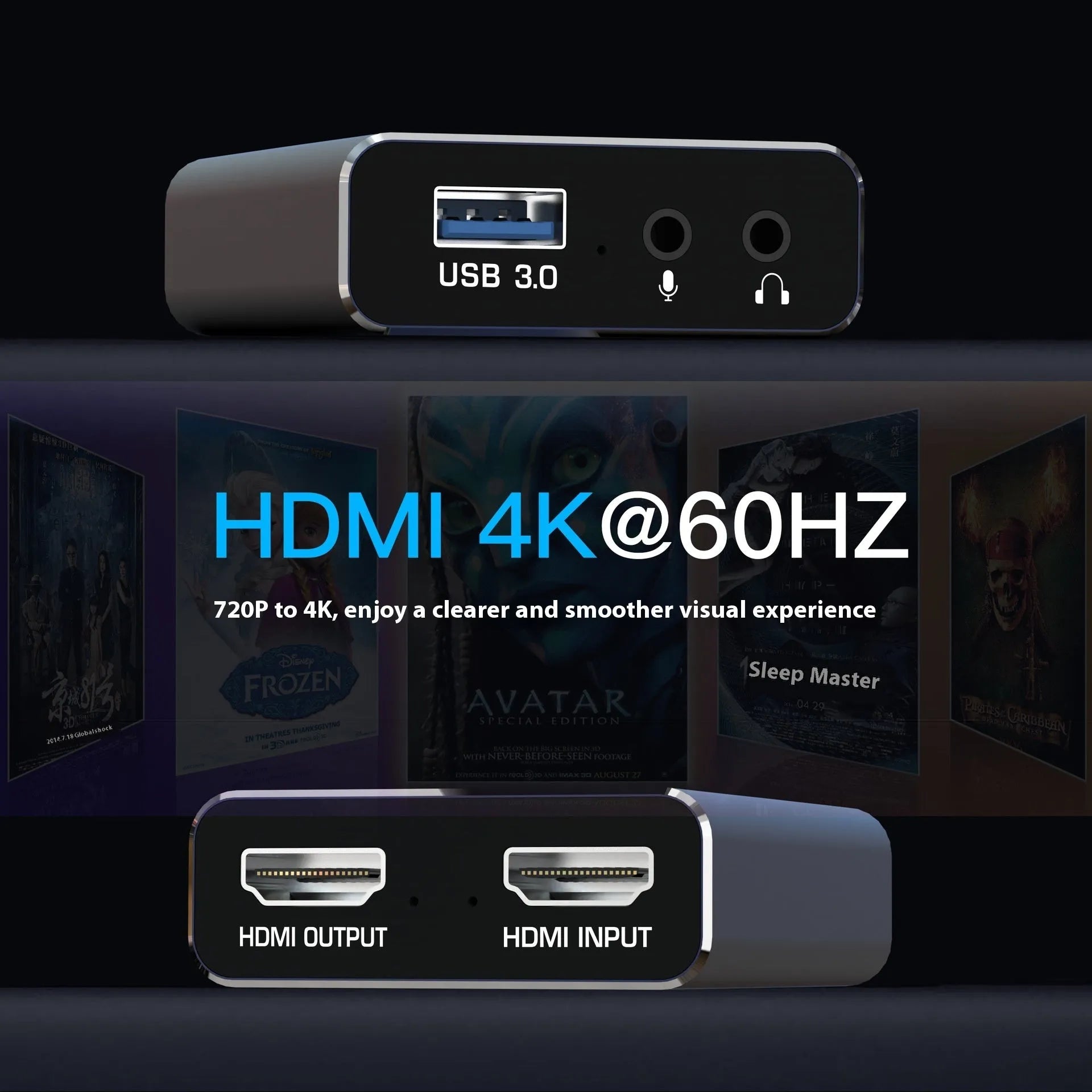 Black set-top box media player with 1080p output and audio recording functionality.
