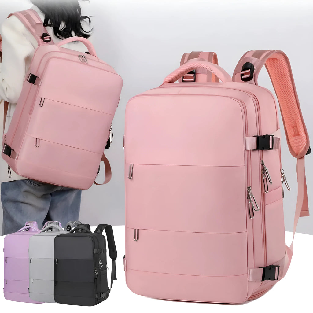 Large purple travel backpack with multiple compartments shown open to reveal organisational pockets