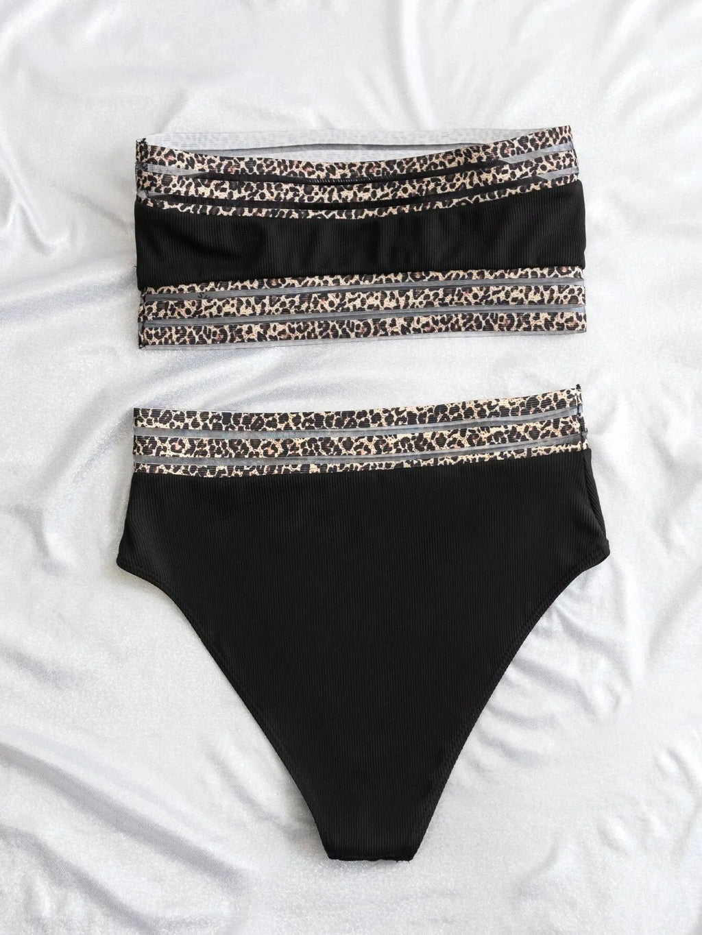 Black leopard print strapless women's bikini set with matching bra and shorts