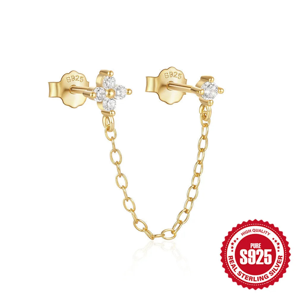 S925 sterling silver geometric ear clip stud earrings with flower and tassel elements in gold electroplated finish