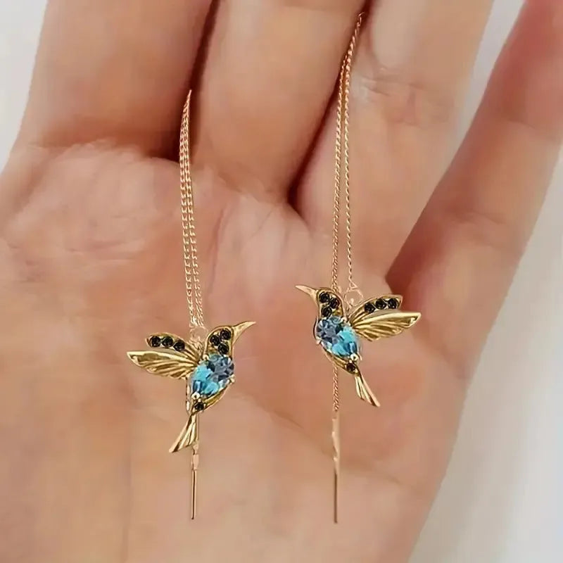 Long style bird hanging earrings with mixed zircon wings in red or blue electroplated alloy for women