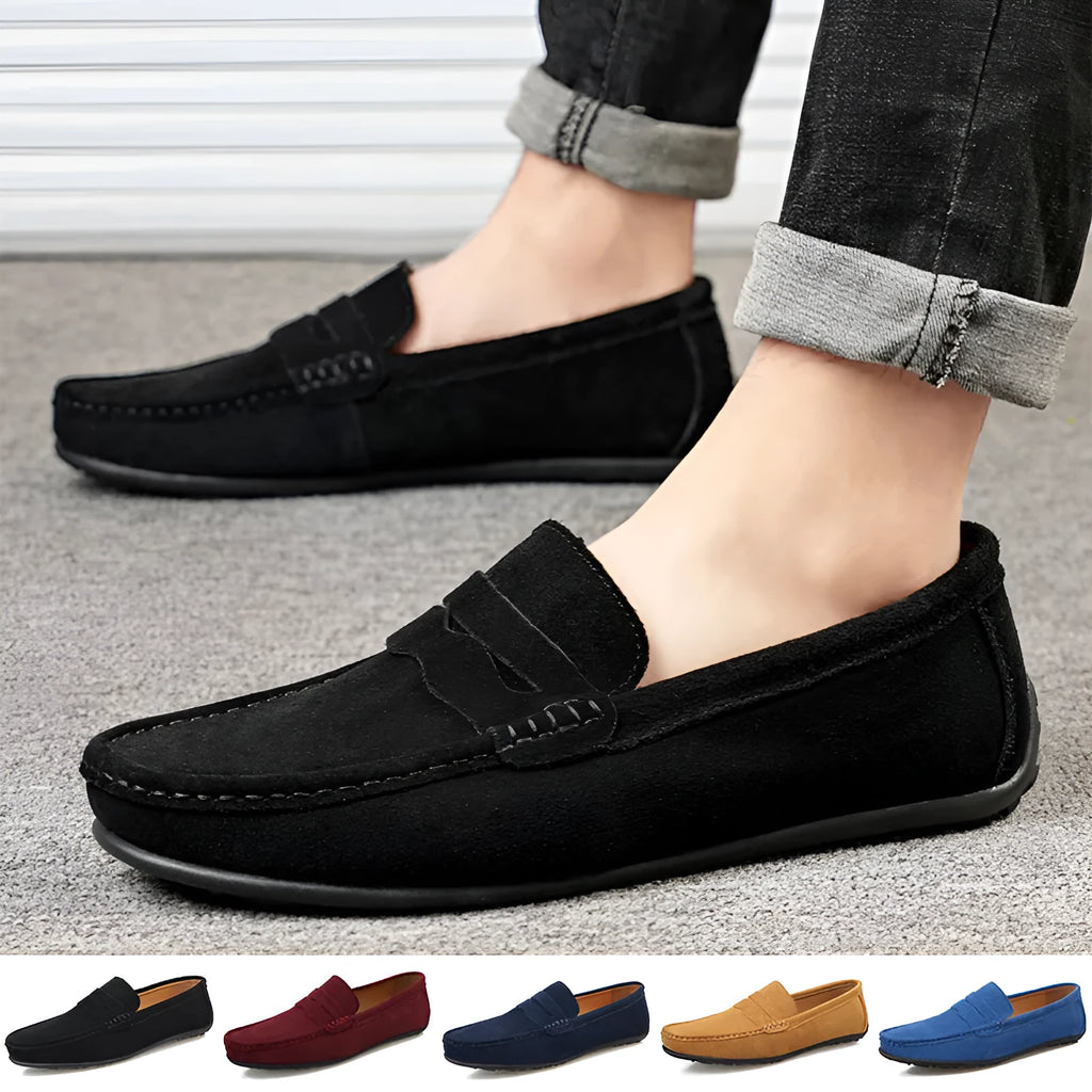 Men's solid colour suede loafers with round toe and slip-on design