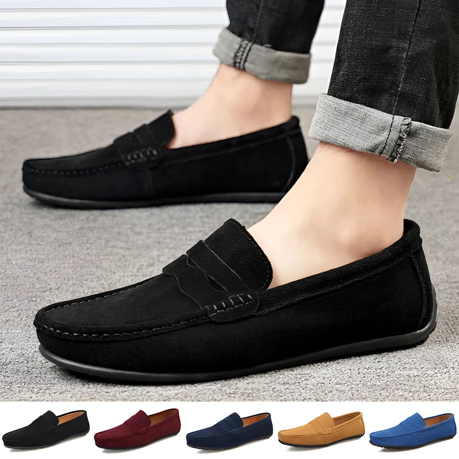 Men's solid colour suede loafers with round toe and slip-on design