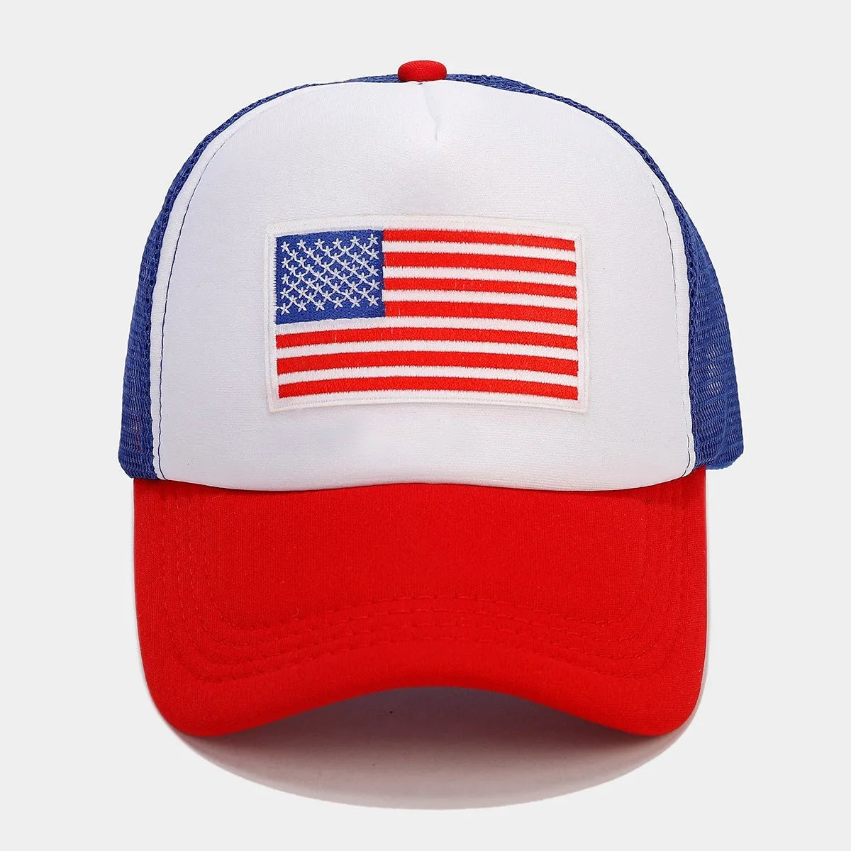 Red and blue contrast mesh baseball cap with adjustable back closure