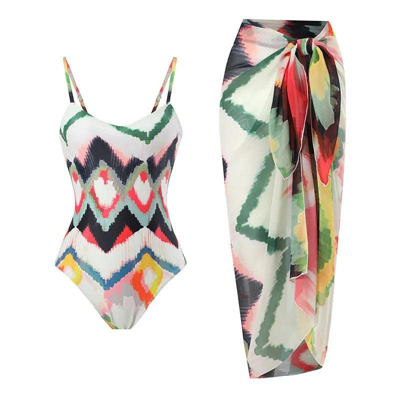 Women's two-piece swimsuit set with striped pattern and matching hip skirt