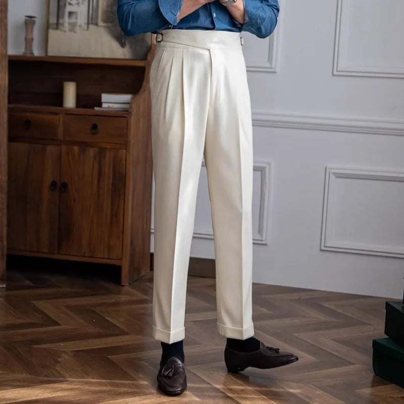 Men's high-waisted straight leg casual trousers in black, shown laid flat.