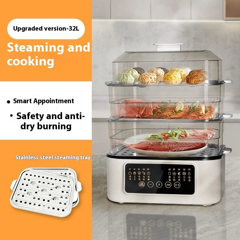 28-litre capacity automatic electric steamer with stainless steel rack on a kitchen counter.