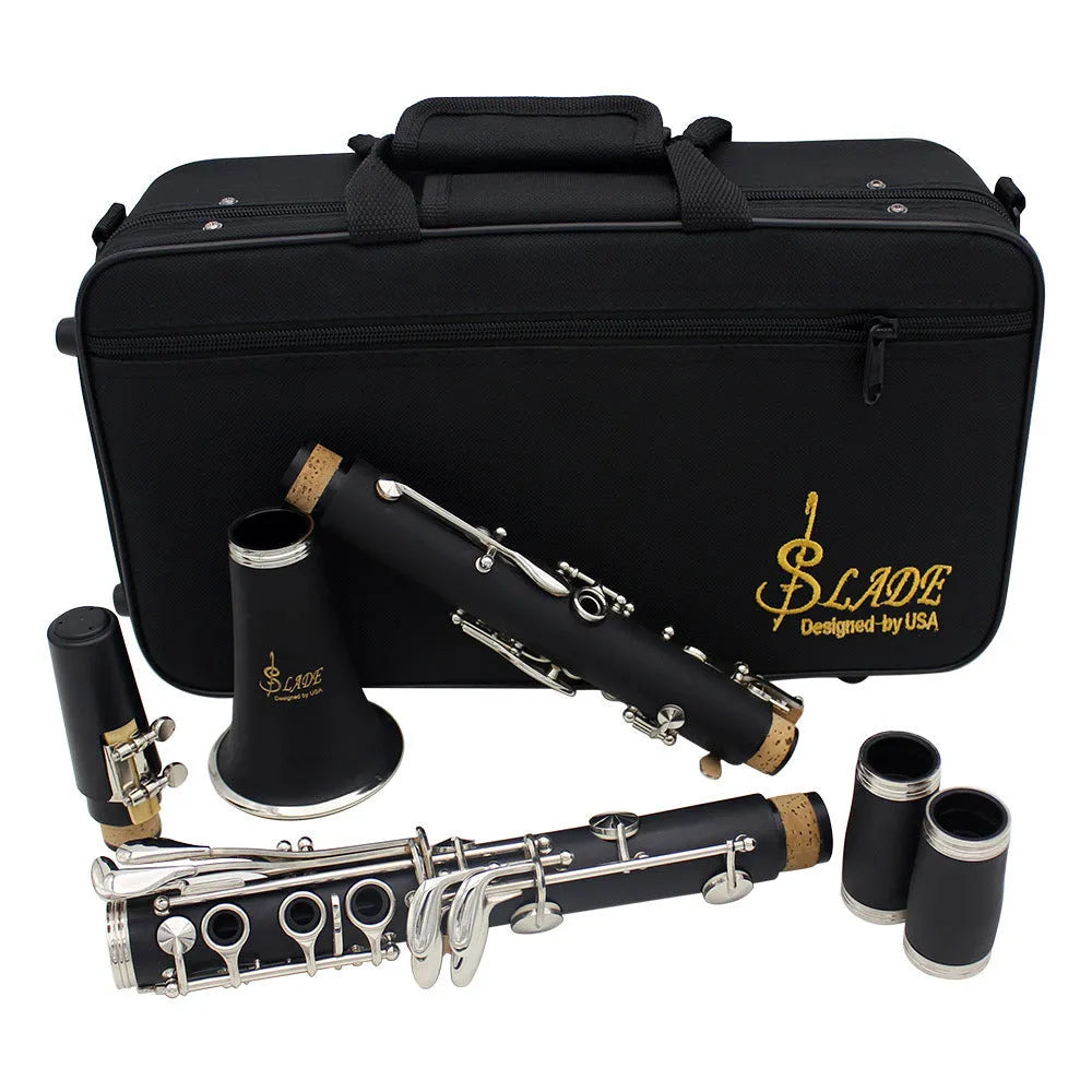 Black bakelite beginner clarinet with 17 nickel-plated keys next to its included carrying bag.