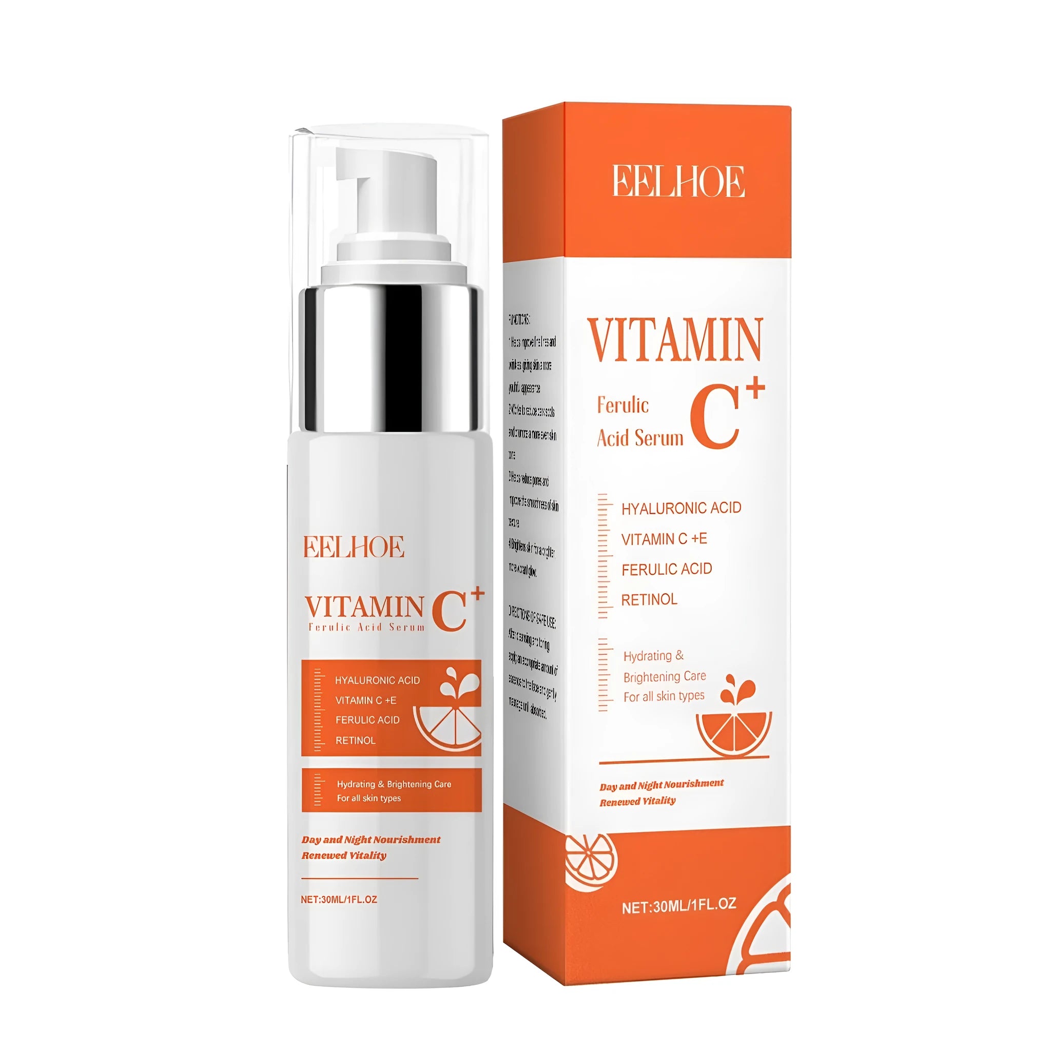 30ml bottle of Vitamin C Ferulic Acid Serum with hyaluronic acid and retinol.