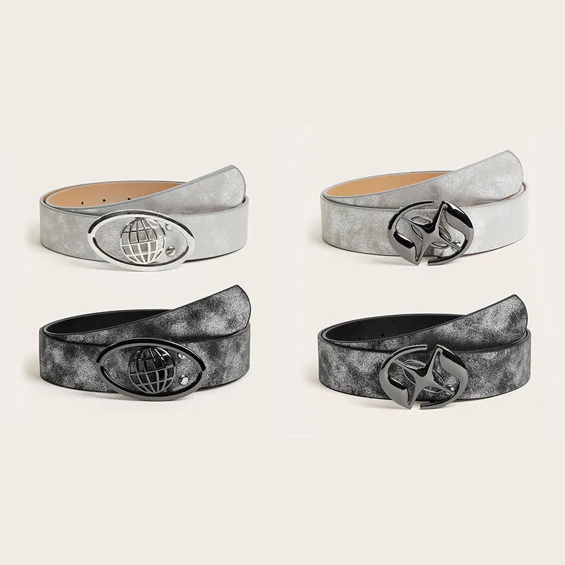Retro oval alloy buckle on a thick grey white PU leather ladies belt, shown laid flat.