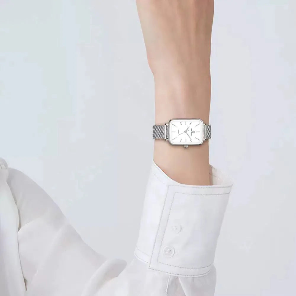 Women's waterproof quartz watch with woven steel strap in rose gold or silver colour