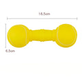 Non-toxic PVC squeaky dog toy shaped like a colourful football dumbbell.