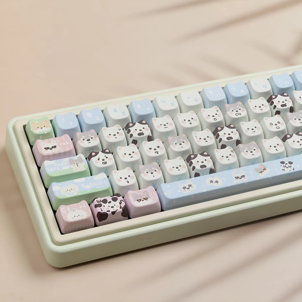 PBT key cap set with colourful cat and puppy sublimation designs for mechanical keyboards