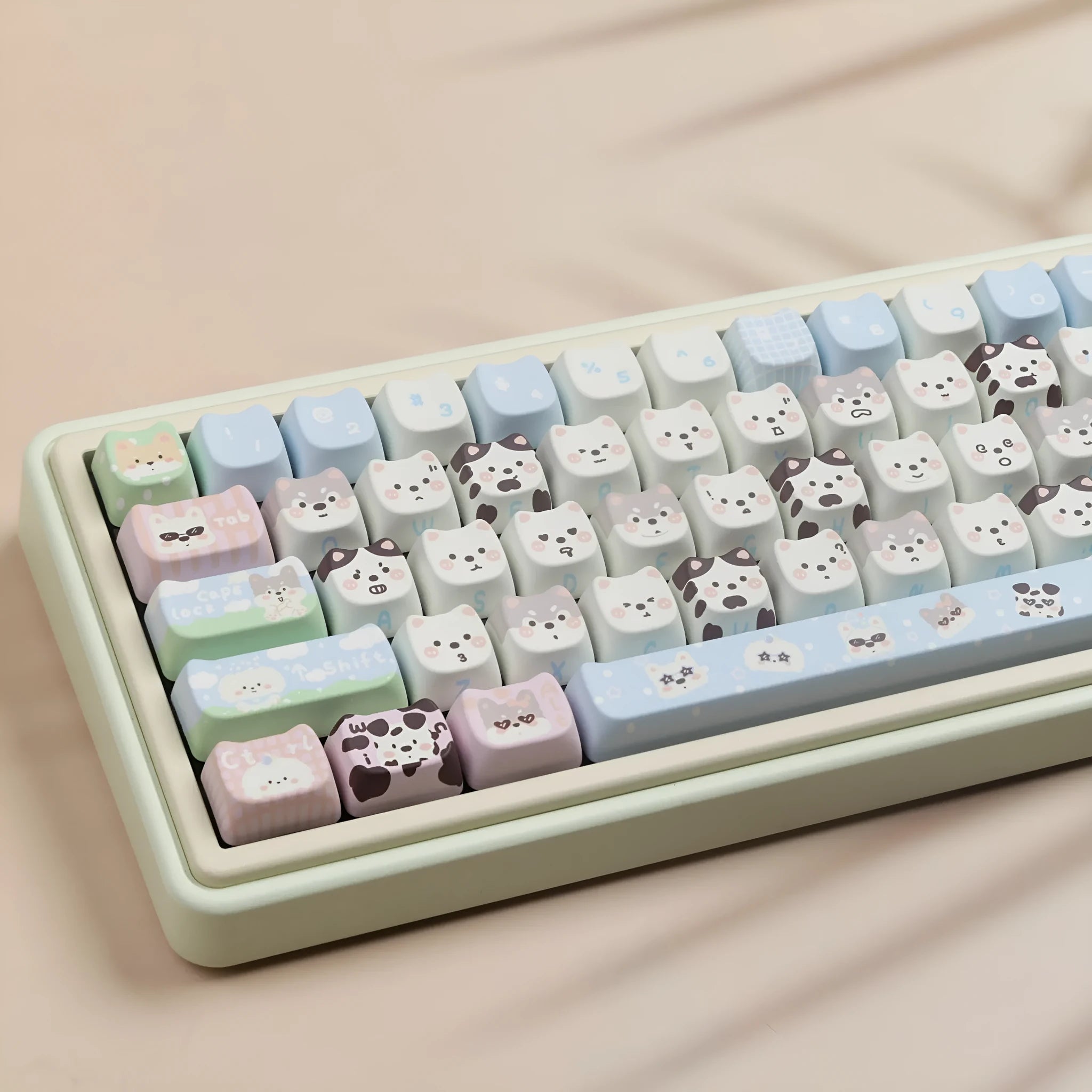 PBT key cap set with colourful cat and puppy sublimation designs for mechanical keyboards